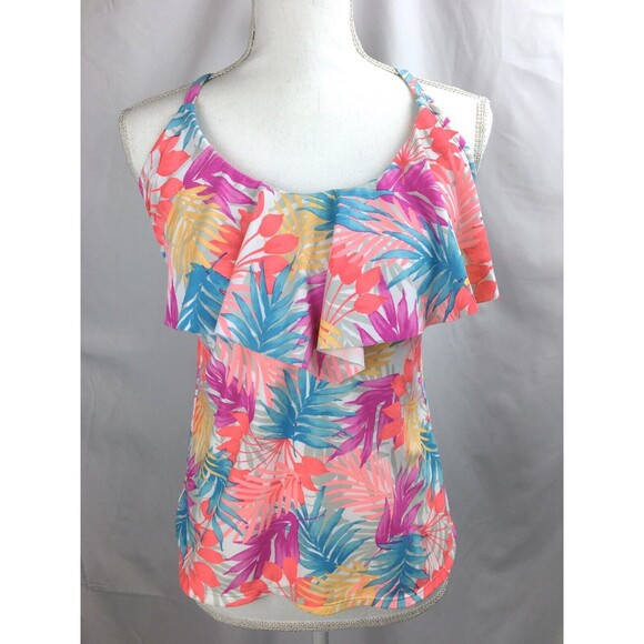 Catalina Women LARGE (12-14) Orange Swimsuit Tankini Top Swim Halter Ruffle Leaf - Picture 1 of 6